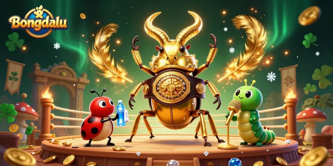 Experience Bongdalu with our vibrant 3D cartoon scene featuring a giant stag beetle and dynamic betting elements.