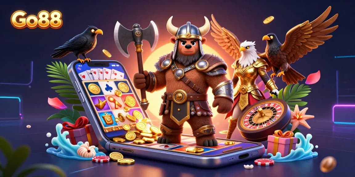 Go88 players enjoy thrilling casino games amid golden coins, vibrant slot reels, and captivating characters.