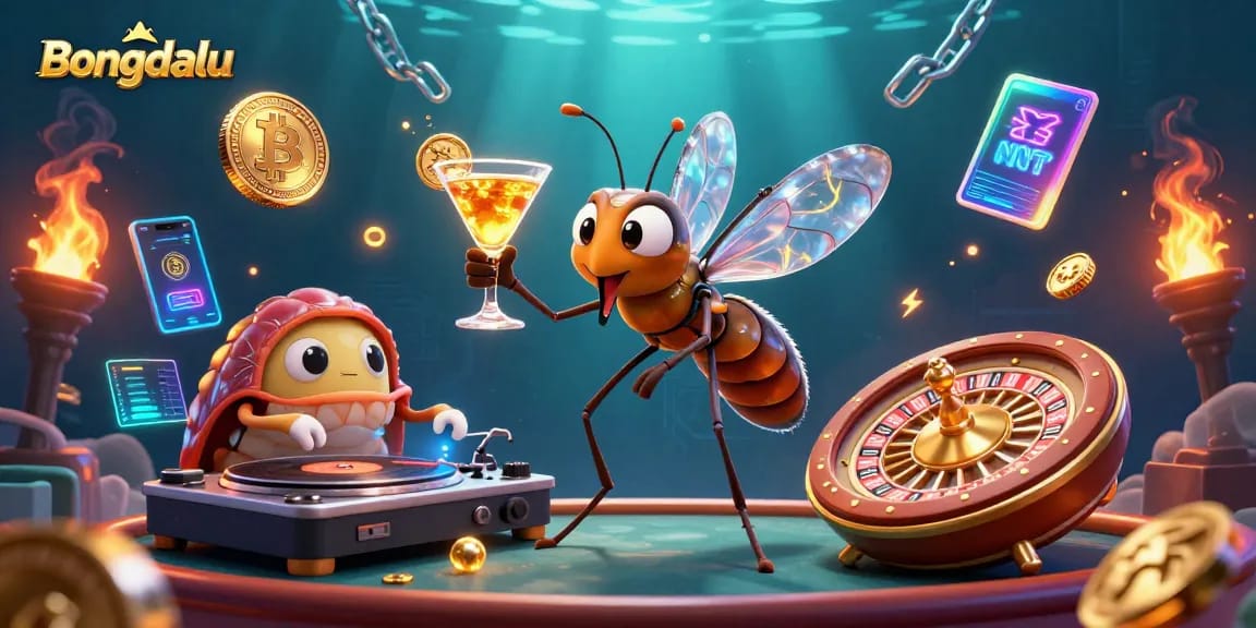Bongdalu unveils a vibrant scene where a frozen-in-amber mosquito mascot engages with a trilobite DJ and a golden roulette wheel.