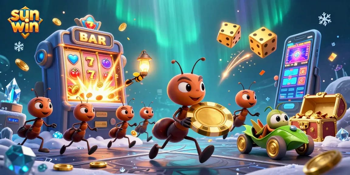 Experience the thrill of sun win through a fun heist with animated ants and colorful casino elements.
