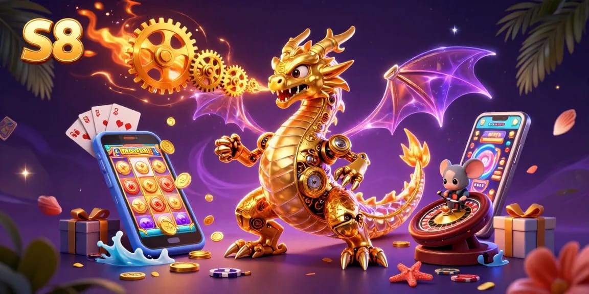 Engage in thrilling gameplay at S8 with a captivating golden dragon amidst slot games and vibrant casino elements.