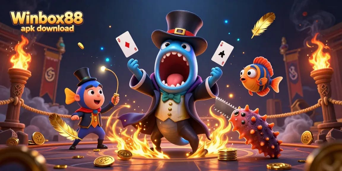 Winbox88 apk download with a magician's duel featuring a bioluminescent eel, anglerfish, and sea cucumber in a vibrant casino scene.