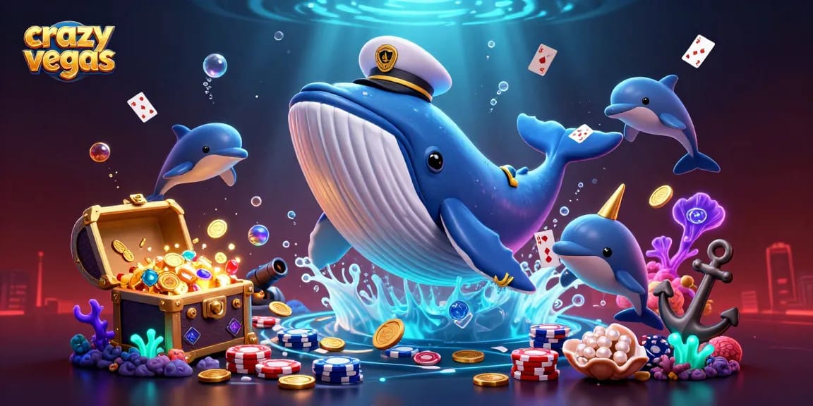 Celebrate with crazyvegas as the whale magician breaching through a vibrant sea of coins and poker chips.