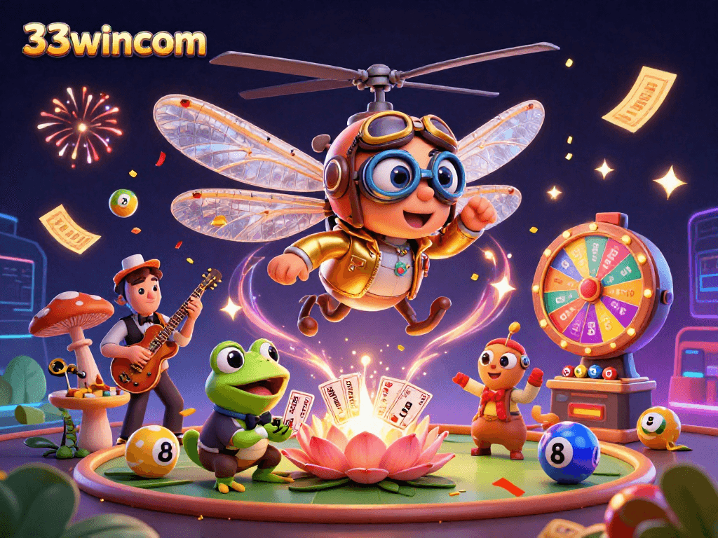 Experience the excitement of 33wincom with vibrant lottery elements and a unique casino scene.
