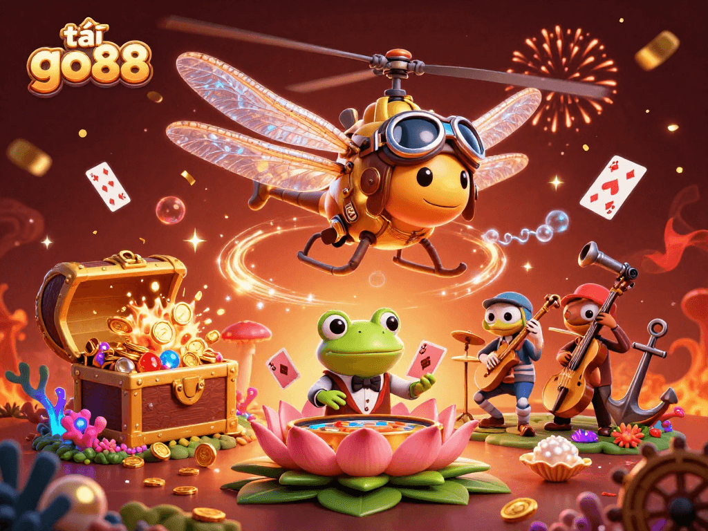 Join the excitement to tải go88 with a dazzling casino scene featuring vibrant characters and magical elements.
