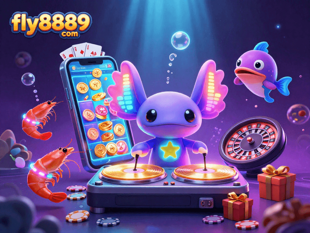 Experience excitement at fly8889 com while playing vibrant slots amid neon characters in a lively scene.