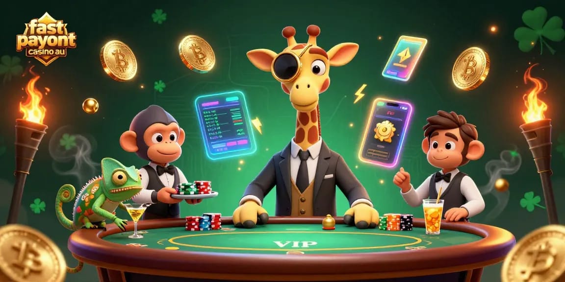 Engage with fast payout casino au's lively scene featuring a high-roller giraffe at a poker table.
