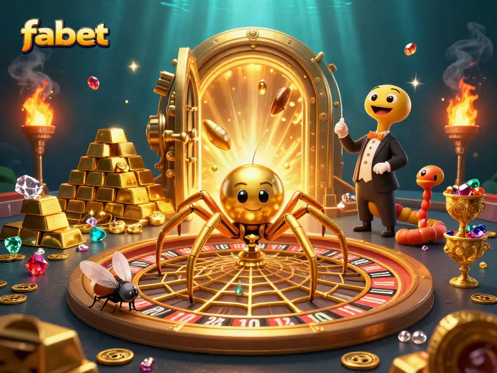 Spin the roulette with fabet's golden web, surrounded by treasures and vibrant gems.