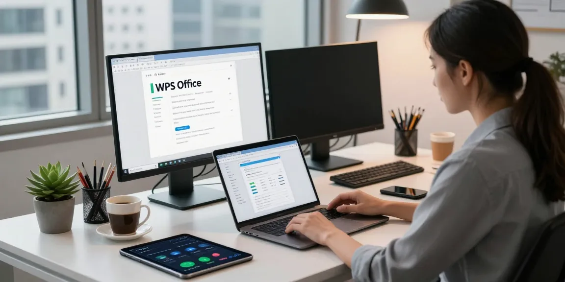 Download WPS Office in a modern workspace with laptop and productivity tools.