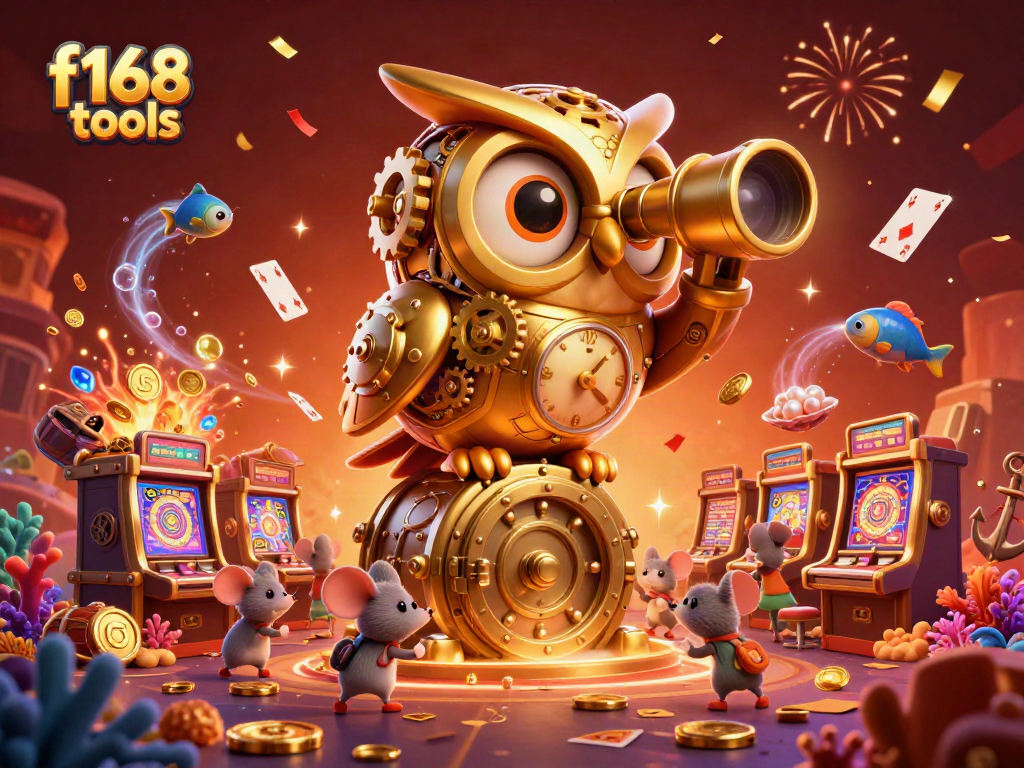 Engage with f168 tools at an exciting casino atmosphere, featuring a majestic clockwork owl amidst vibrant slot machines and treasures.