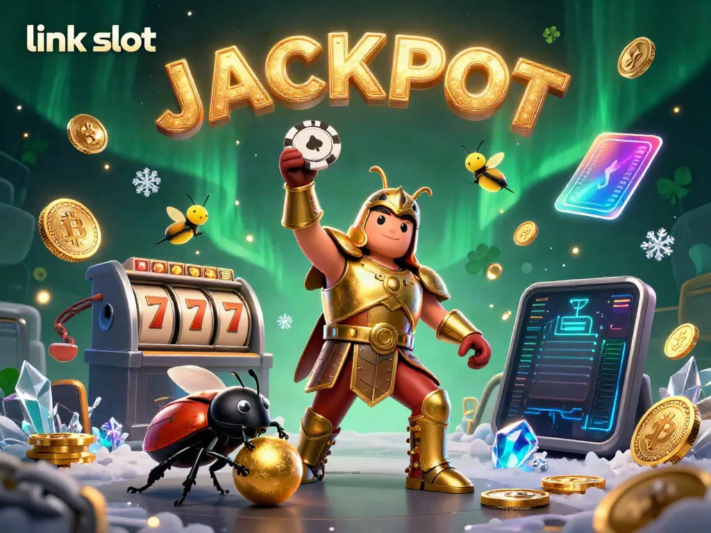 Win big at the link slot as a victorious beetle lifts a poker chip in this vibrant casino scene.