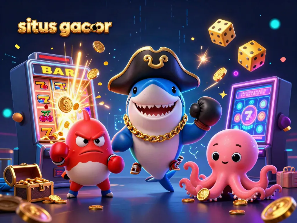 Experience the excitement of situs gacor with dynamic characters amid a jackpot explosion in this 3D illustration.