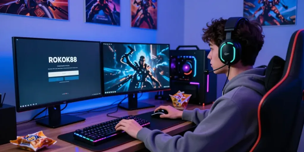 Gamer engaged in ROKOK88 login on a vibrant gaming setup, showcasing high-tech gear and a cozy atmosphere.