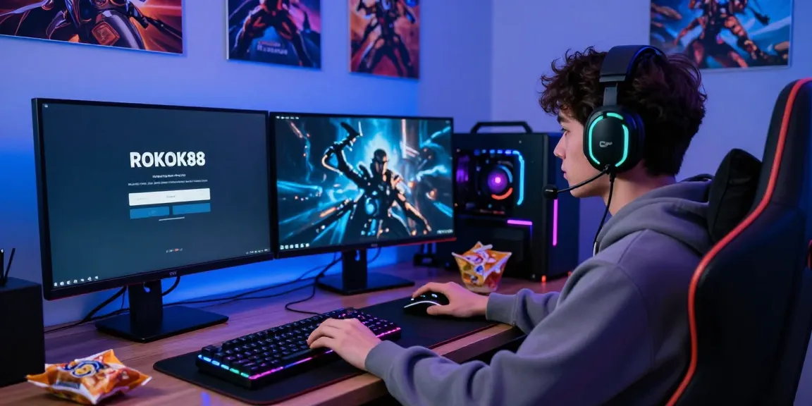 Gamer engaged in ROKOK88 login on a vibrant gaming setup, showcasing high-tech gear and a cozy atmosphere.