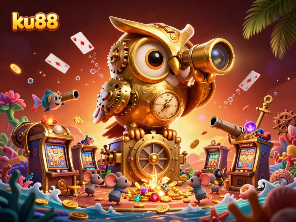 Experience thrill at ku88 with a vibrant 3D casino scene featuring playful characters and dynamic elements.