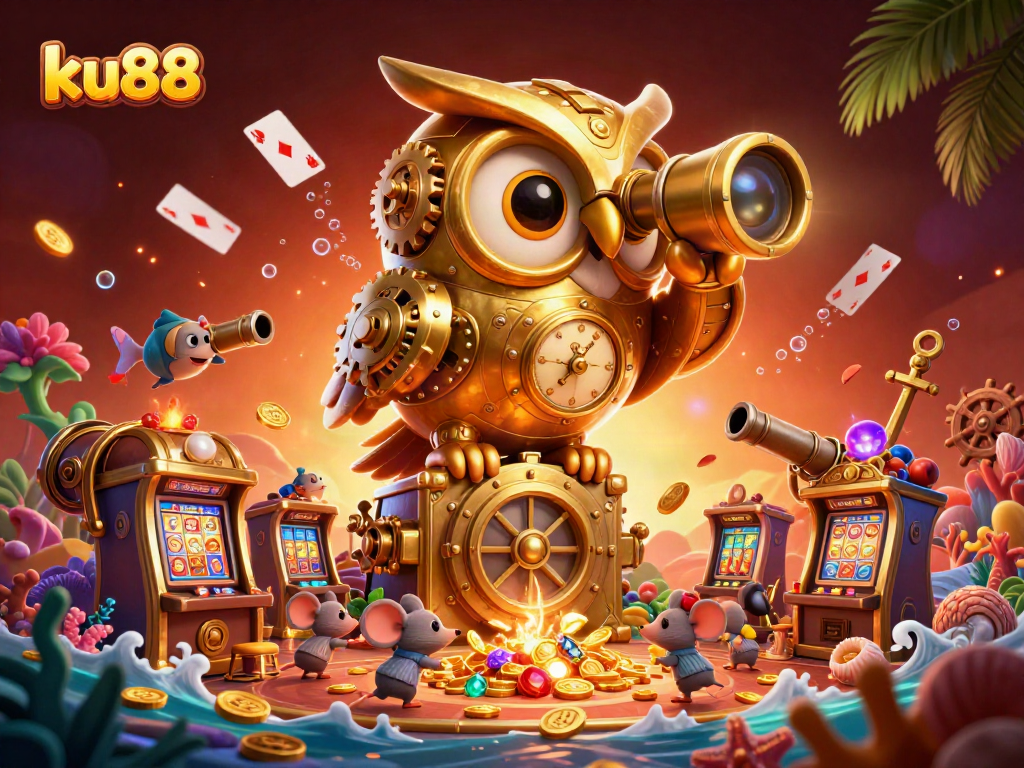 Experience thrill at ku88 with a vibrant 3D casino scene featuring playful characters and dynamic elements.