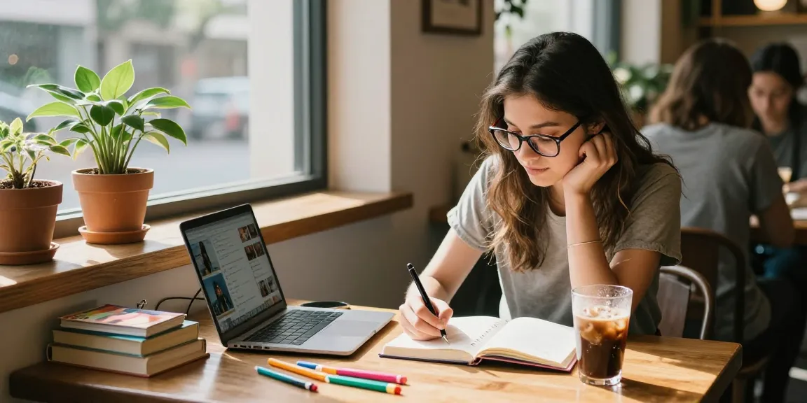 Young woman writing in a journal at a café, reflecting on her crush on someone.
