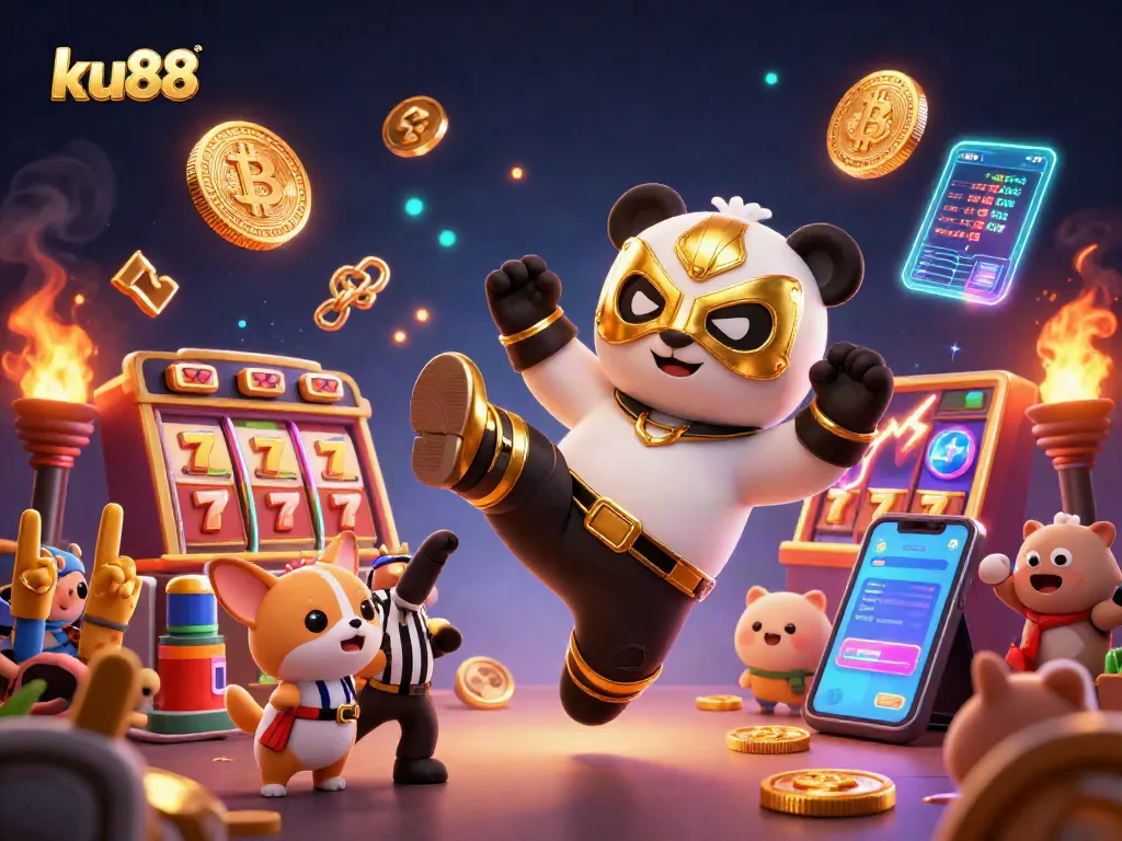 Join the fun at ku88 with a lively 3D illustration of a panda wrestler kicking in a captivating casino scene.
