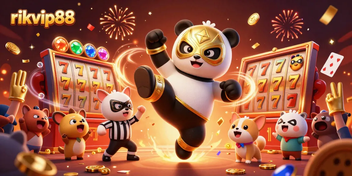Experience the excitement of rikvip88 with a 3D wrestling panda kicking off a jackpot celebration.
