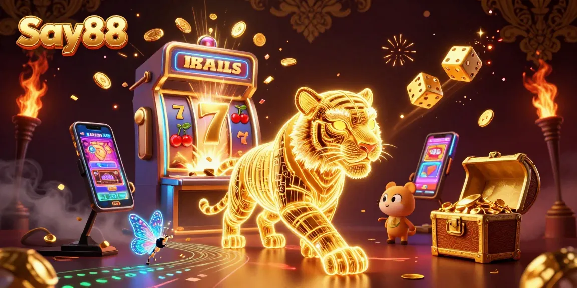 Experience dynamic gaming with Say88's vibrant casino scene featuring a golden tiger and jackpot excitement.