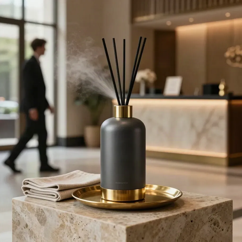 Diffuser tower in a hotel lobby with brass tray, linen, stone pedestal, and mist