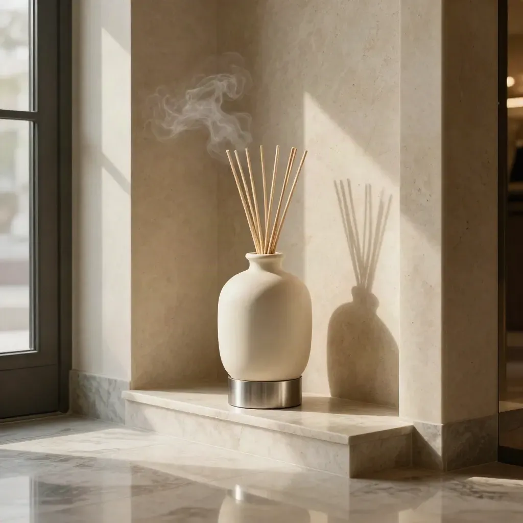 Elegant hotel lobby diffuser with reeds in a marble alcove, soft plume and reflective floor.