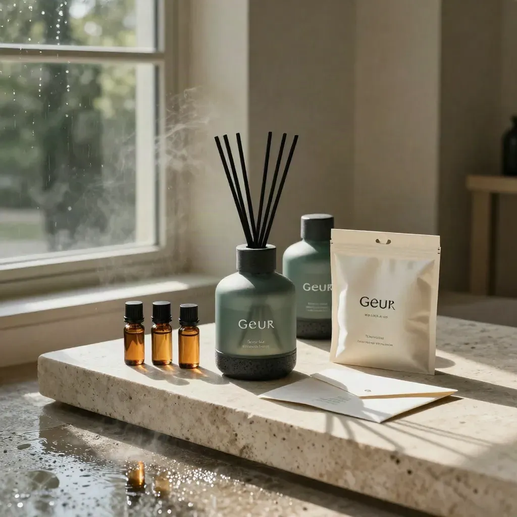 Retail scent starter kit with diffuser units, sample vials and refill pack on rain-wet stone.