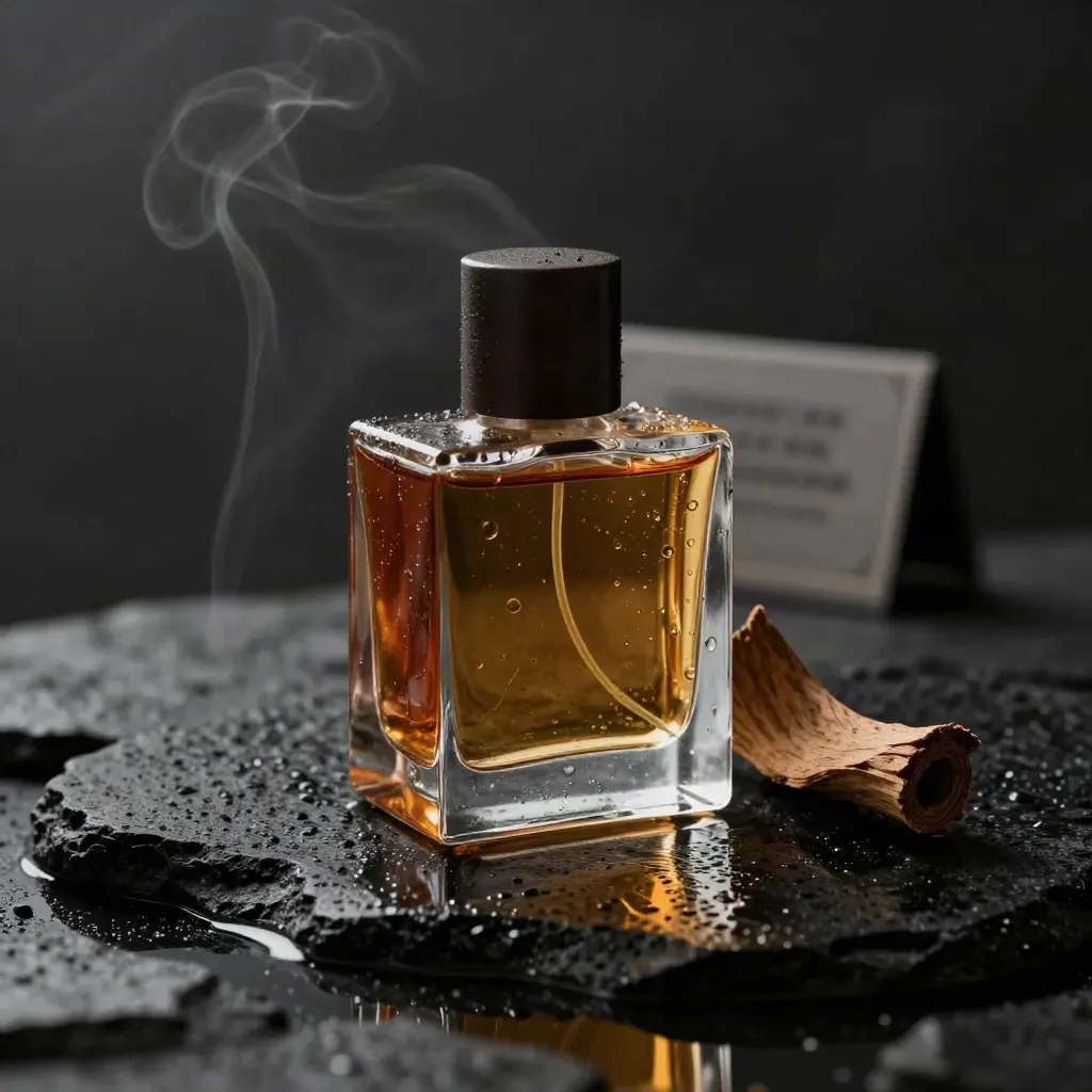 Amber scent bottle on wet basalt with cedar sprig and drifting vapor in a dark macro scene.