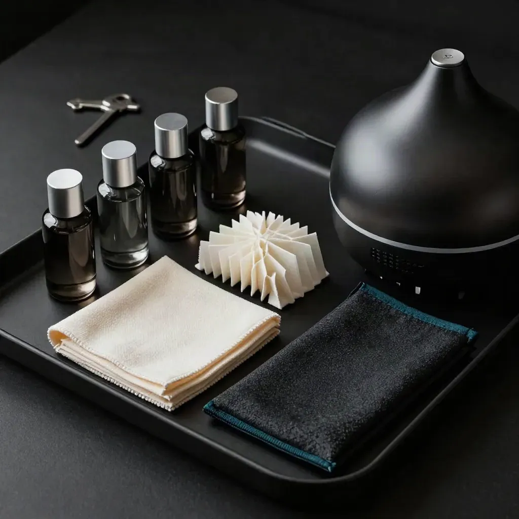 Top-down macro of diffuser care kit with refill vials, cloth, filter, pouch and base on black tray