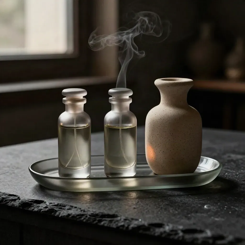Smoked-glass vials and a ceramic atomiser on dark stone under a hard raking beam.