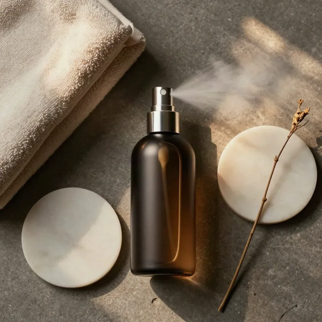 Luxury room spray bottle with towel, marble coaster, dried stem, and lingering mist on stone