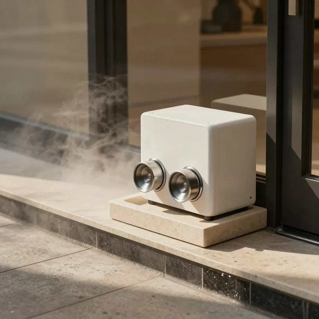 Retail entry mist unit at a doorway with pale stone tray and mist curling across a dark threshold.