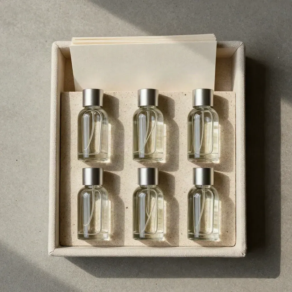 Six unlabelled refill bottles in a linen tray with paper wrap and a stone insert on concrete.