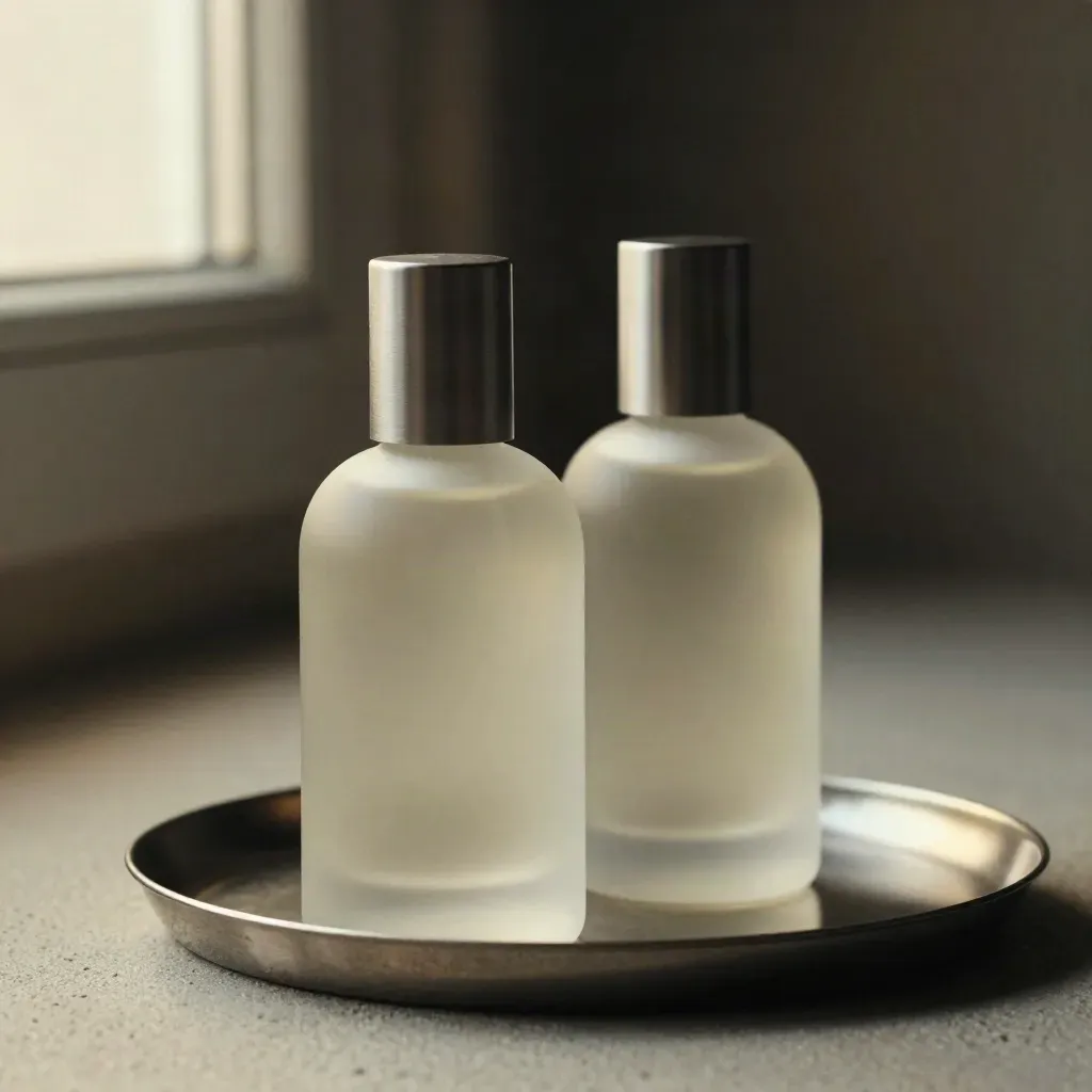 Two unbranded scent bottles on a brushed tray, lit on pale concrete with warm raking light.
