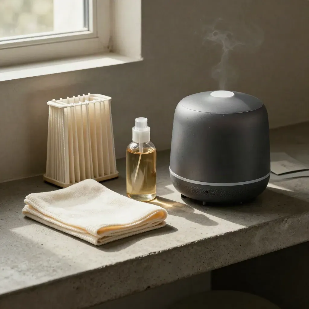 Maintenance kit beside a diffuser housing on a concrete shelf with soft haze