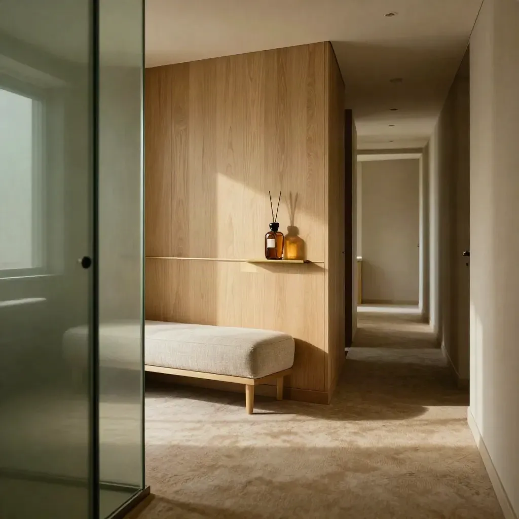 Elegant hotel corridor with smoked glass, pale wood, linen bench and warm amber light