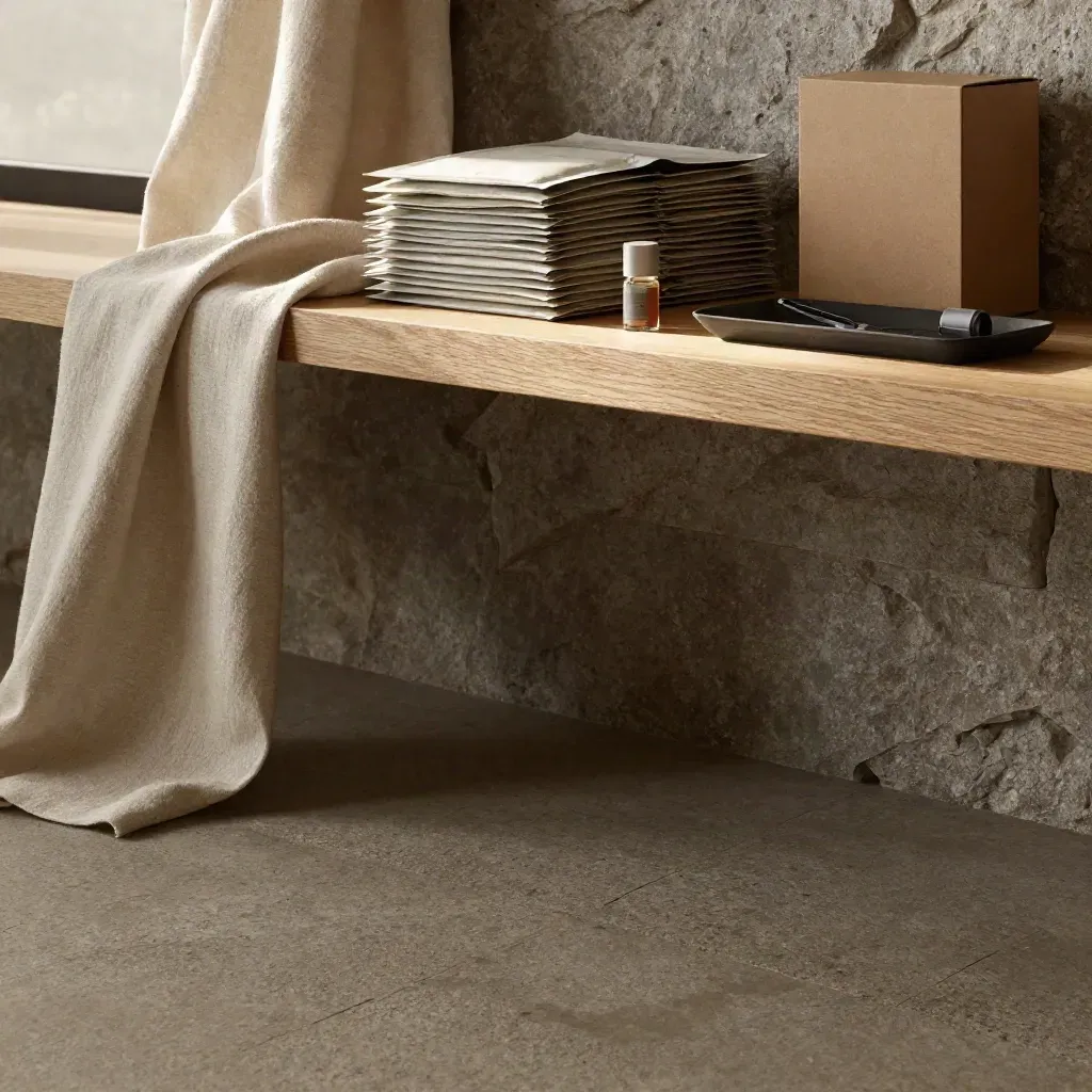 Pale oak shelf with refill packs, stone wall, and linen folds in soft light.