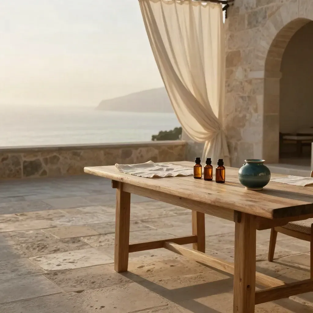 Sunlit coastal courtyard with workshop materials, curtain, limestone, wood, and sea mist.