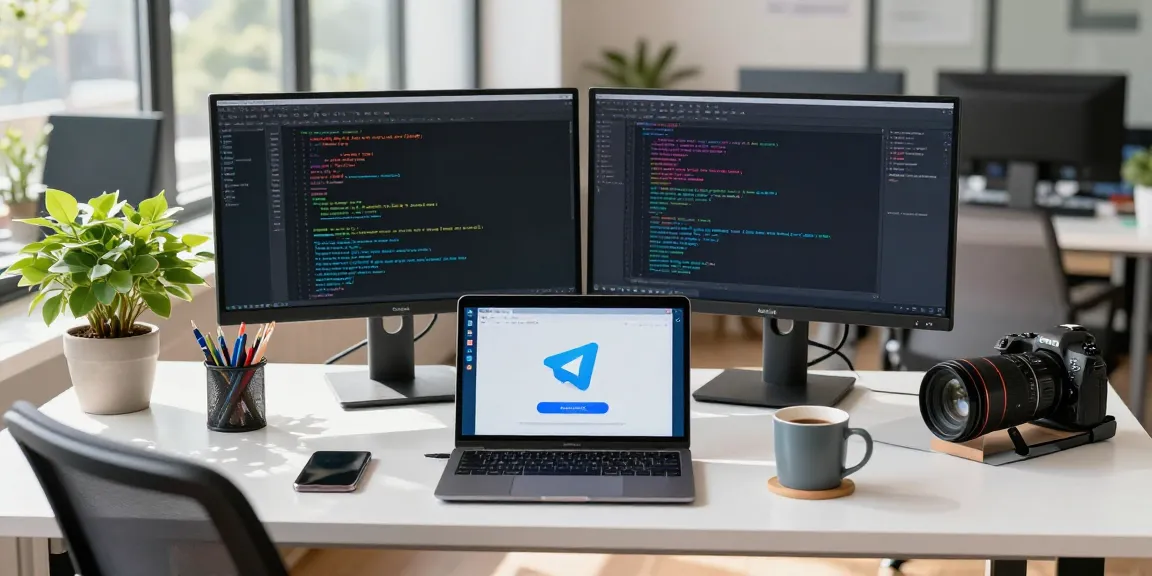 Engaging tech workspace showcasing Telegram Download on multiple devices in a modern office setting.