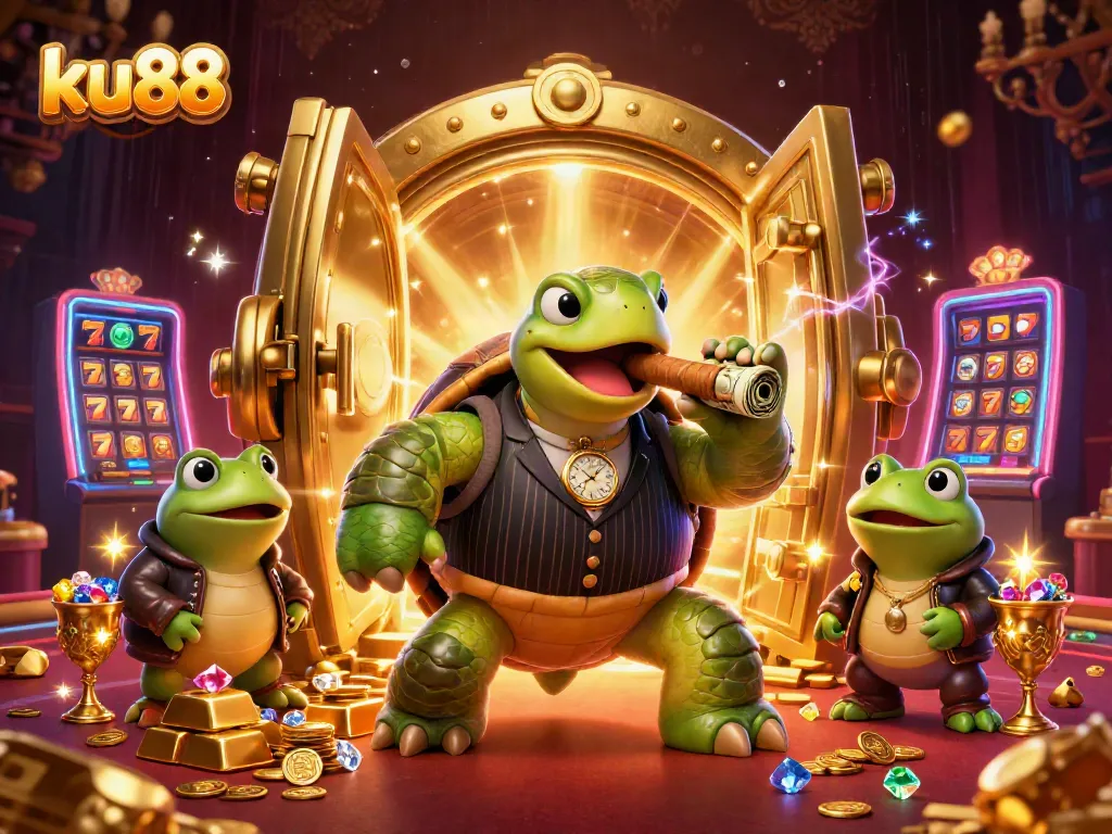 Experience the excitement of ku88 with a 3D cartoon scene showcasing a turtle in a mobster suit, flanked by bullfrogs amidst a vibrant casino.
