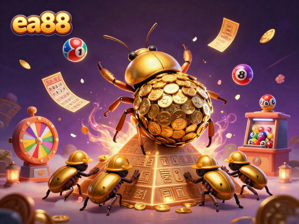 Experience the excitement of ea88 with a cartoon beetle scene packed with vibrant casino elements.