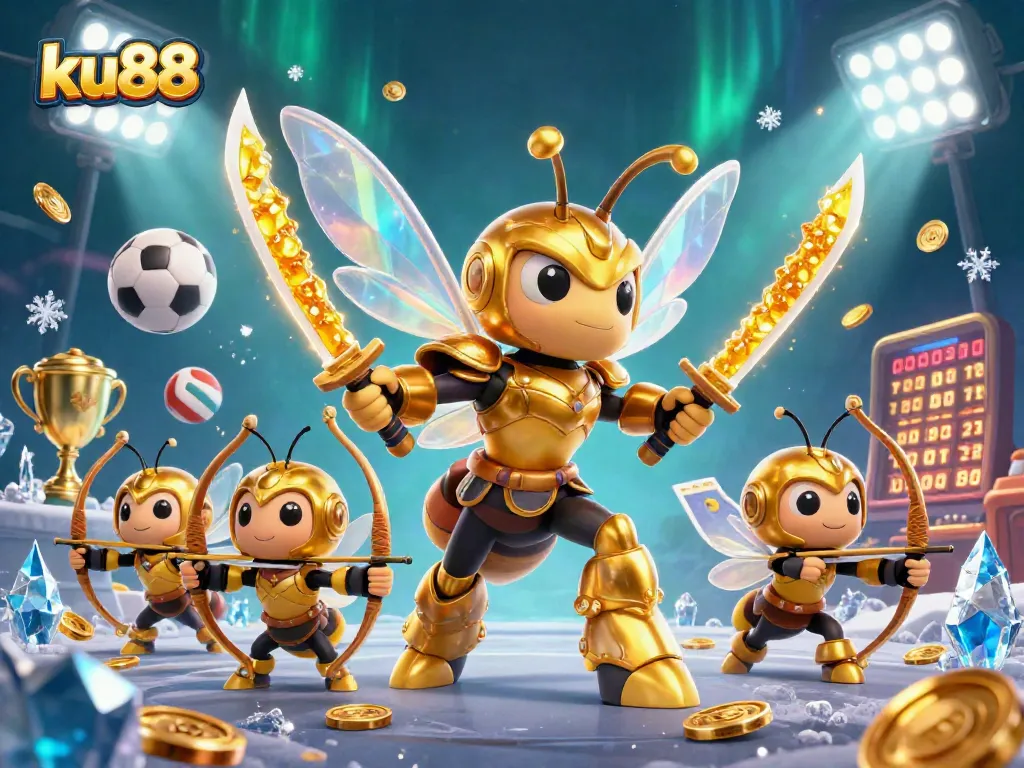 Experience the excitement of ku88 in a vibrant 3D casino scene featuring an armored hornet and dynamic sports elements.