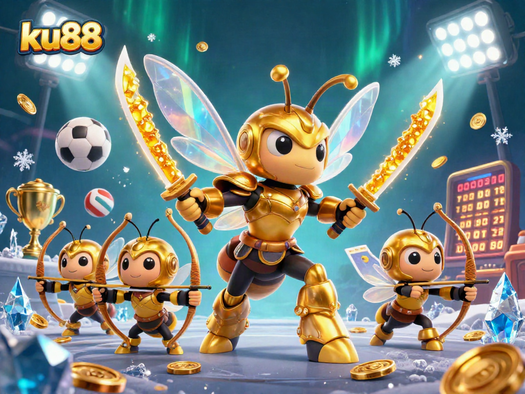 Experience the excitement of ku88 in a vibrant 3D casino scene featuring an armored hornet and dynamic sports elements.