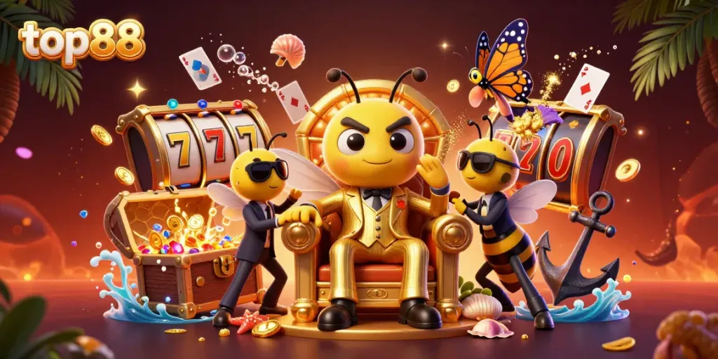Join the top88 gambling excitement with a vibrant scene showcasing a bumblebee mob boss and casino elements.