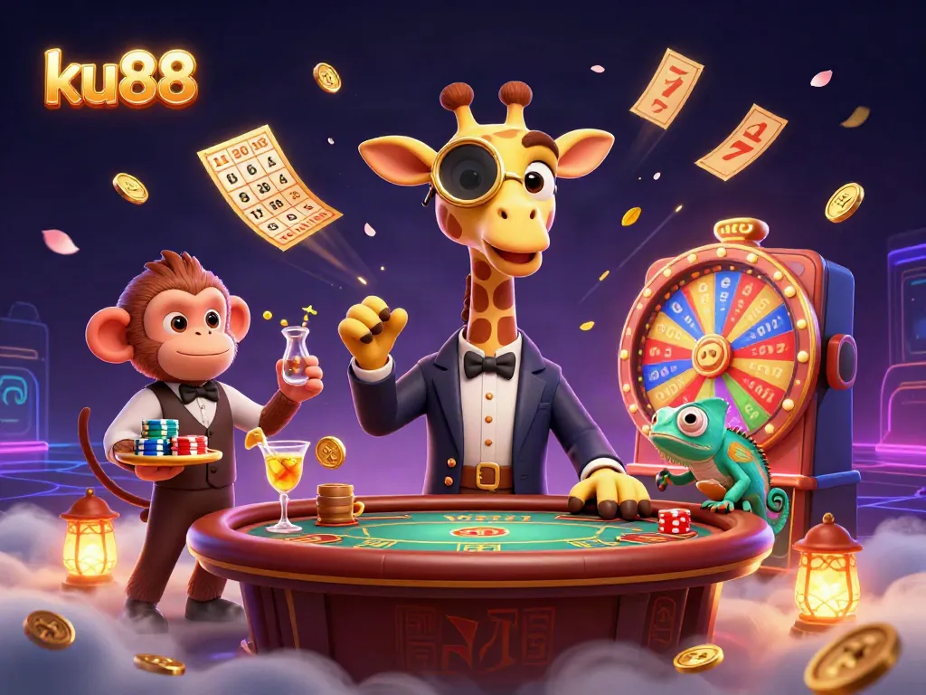 ku88 slots illustration featuring a high-roller giraffe at a poker table with vibrant game elements