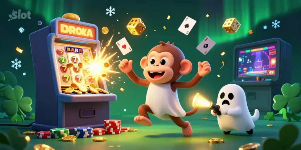 Spin to win in this vibrant casino scene featuring a mischievous monkey and a curious puppy surrounded by slots and jackpots.