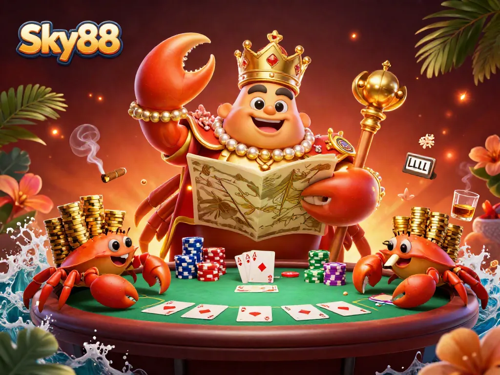Experience exhilarating gaming with Sky88, featuring a massive golden crab emperor amidst vibrant casino elements.