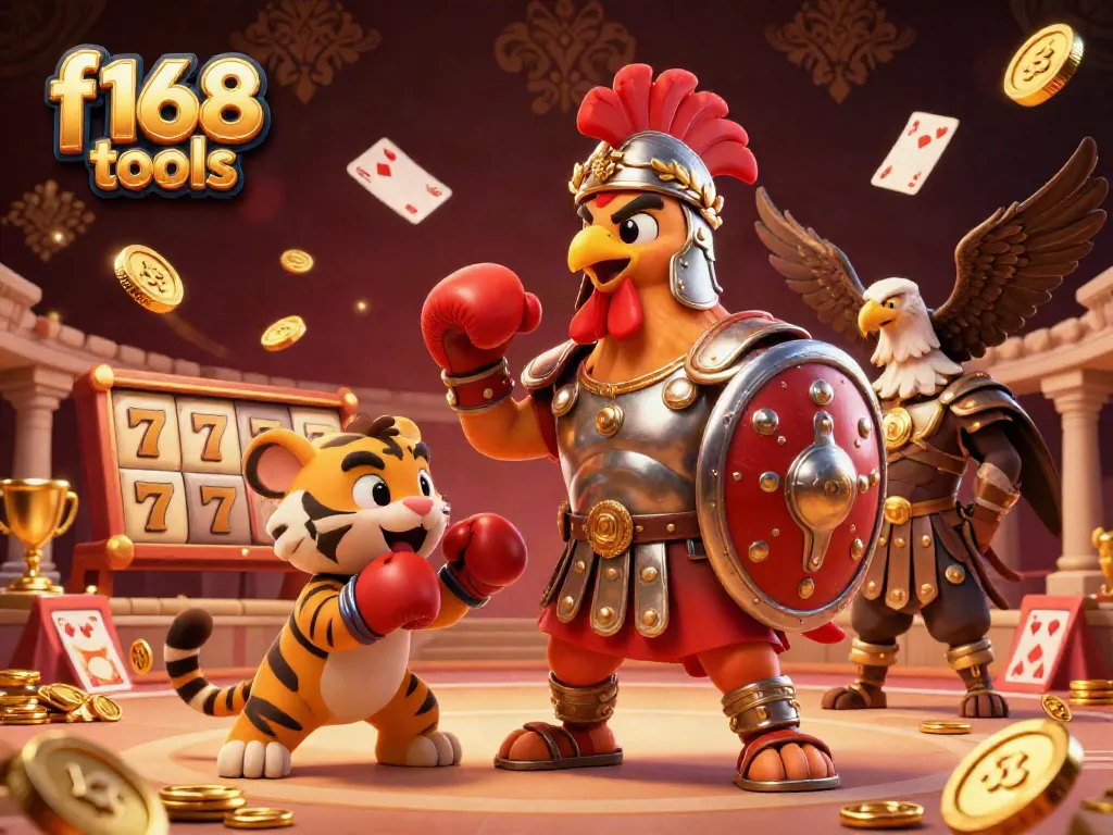 Engage with thrilling f168 tools slots featuring a gladiator rooster in an exciting casino scene.