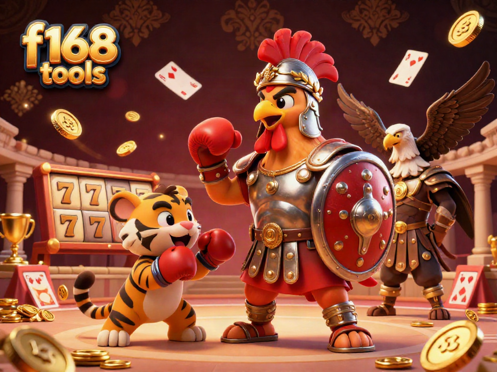 Engage with thrilling f168 tools slots featuring a gladiator rooster in an exciting casino scene.
