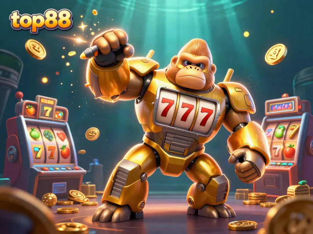 Engage with top88's thrilling slot machine world featuring a golden gorilla mech and dynamic game elements.